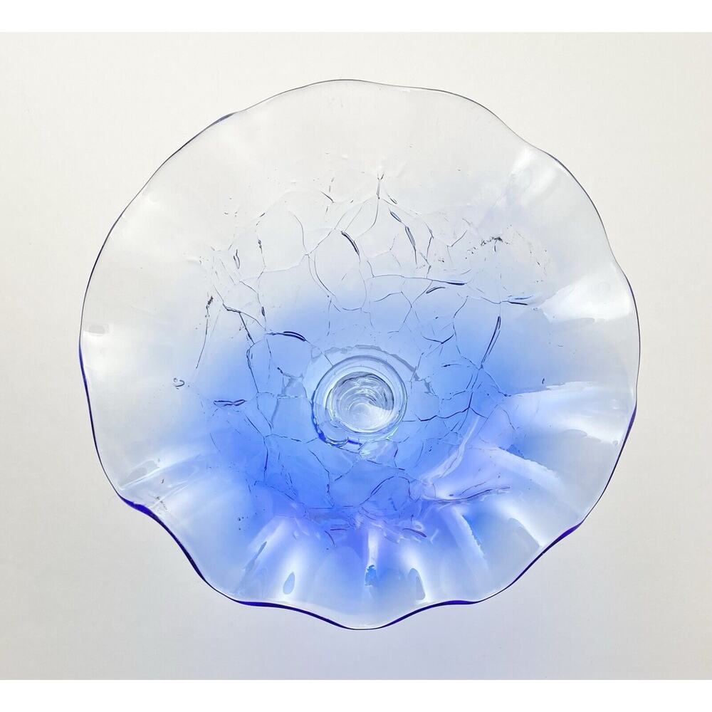 1990s Rossi Glass-Niagara Crackle Blue Pedestal Footed Ruffled Compote 6 7/8” - Picture 5 of 7
